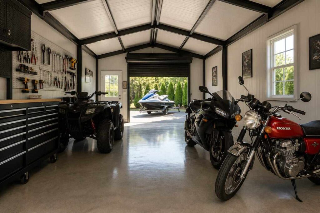 Toy garage interior of a steel structure with motorcycles, ATV, tool wall, and jet ski outside