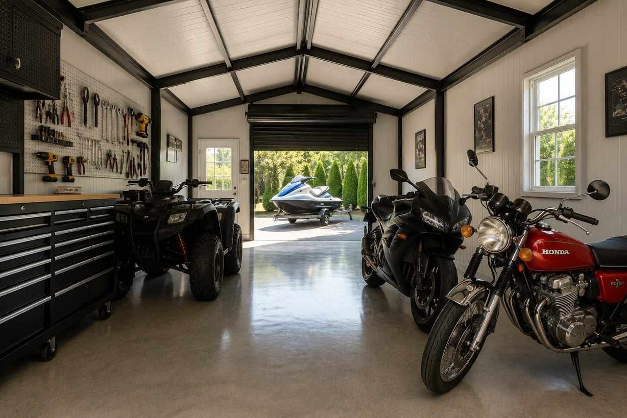 Toy garage interior of a steel structure with motorcycles, ATV, tool wall, and jet ski outside