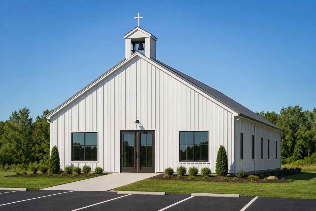White steel structure church with bell tower, rooftop cross, and fresh striped parking lot