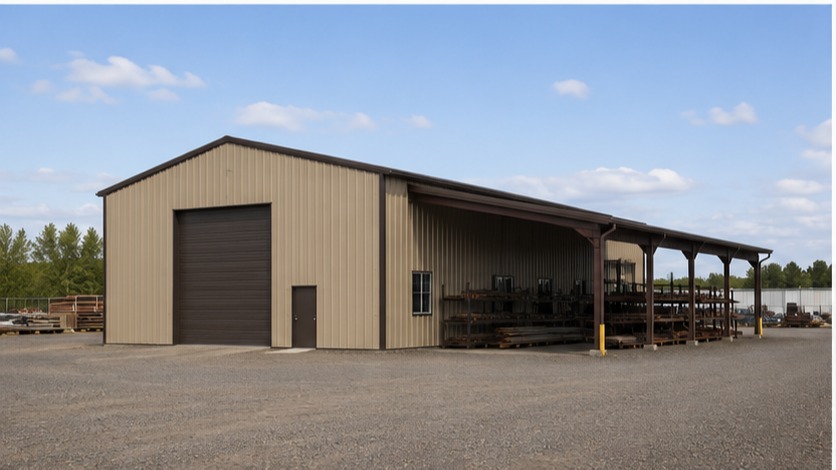 Metal building interior housing a plow truck, street sweeper, and wheel loader in marked bays