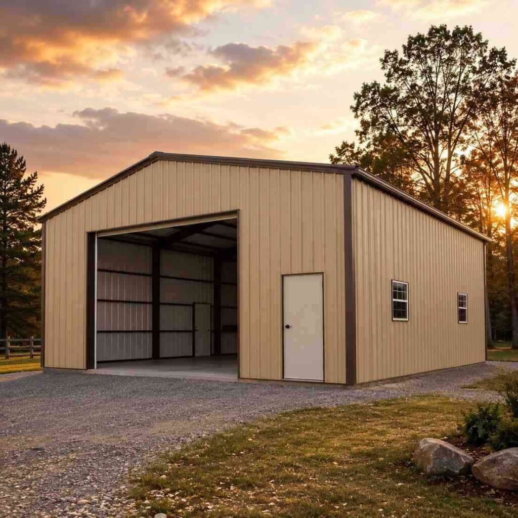 Tan commercial metal building with wide open bay and brown trim at golden sunset