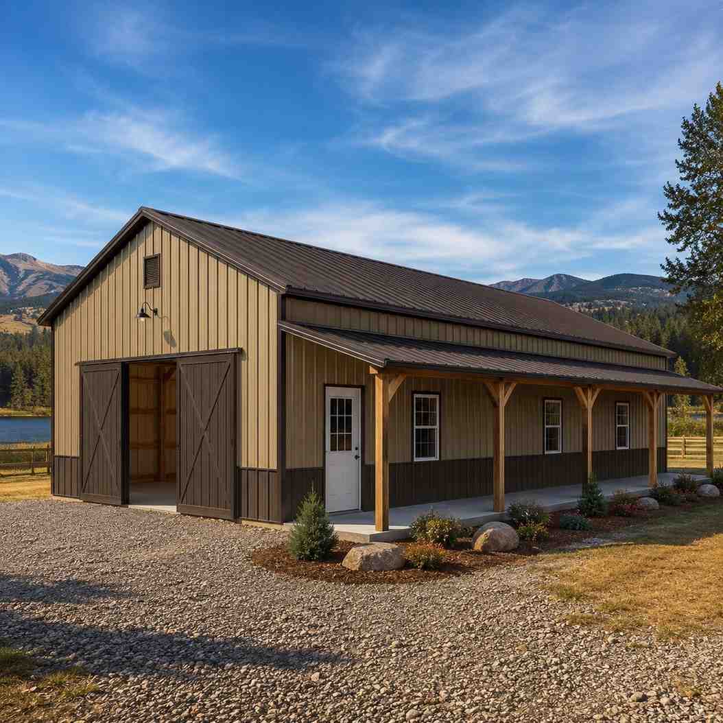 Tan metal barn with double barn doors, covered porch and brown wainscot on open farmland
