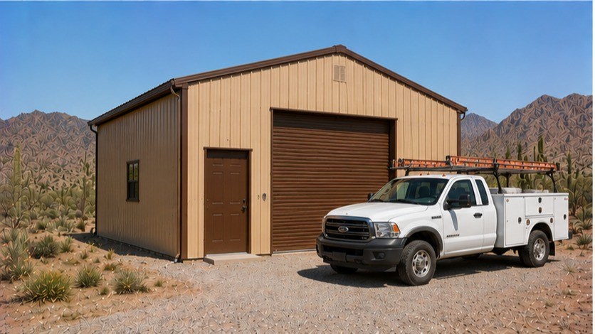 Charcoal commercial metal building warehouse with roll-up door and box truck at the loading dock
