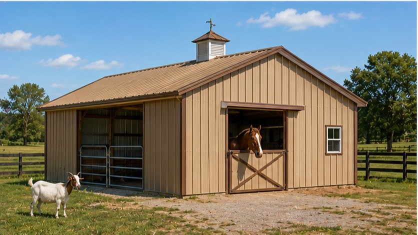 Tan metal building styled as a horse barn with dutch door, cupola, and goat in pasture