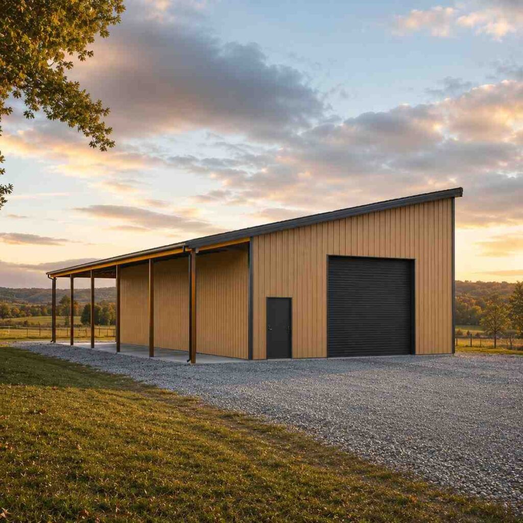 Tan metal building kit with single slope roof, lean-to canopy and black roll-up door