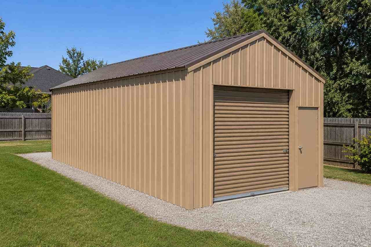 Tan metal building kit with brown roof, roll-up door, and walk door in a fenced backyard