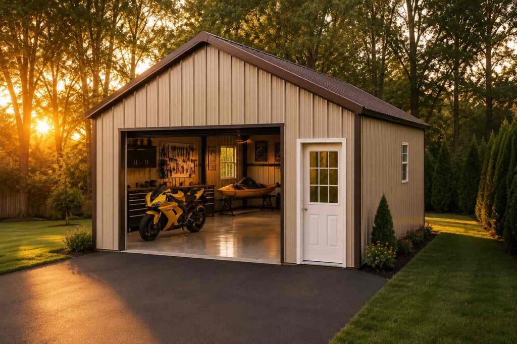 Tan metal building toy garage at sunset with yellow motorcycle and canoe inside the open bay