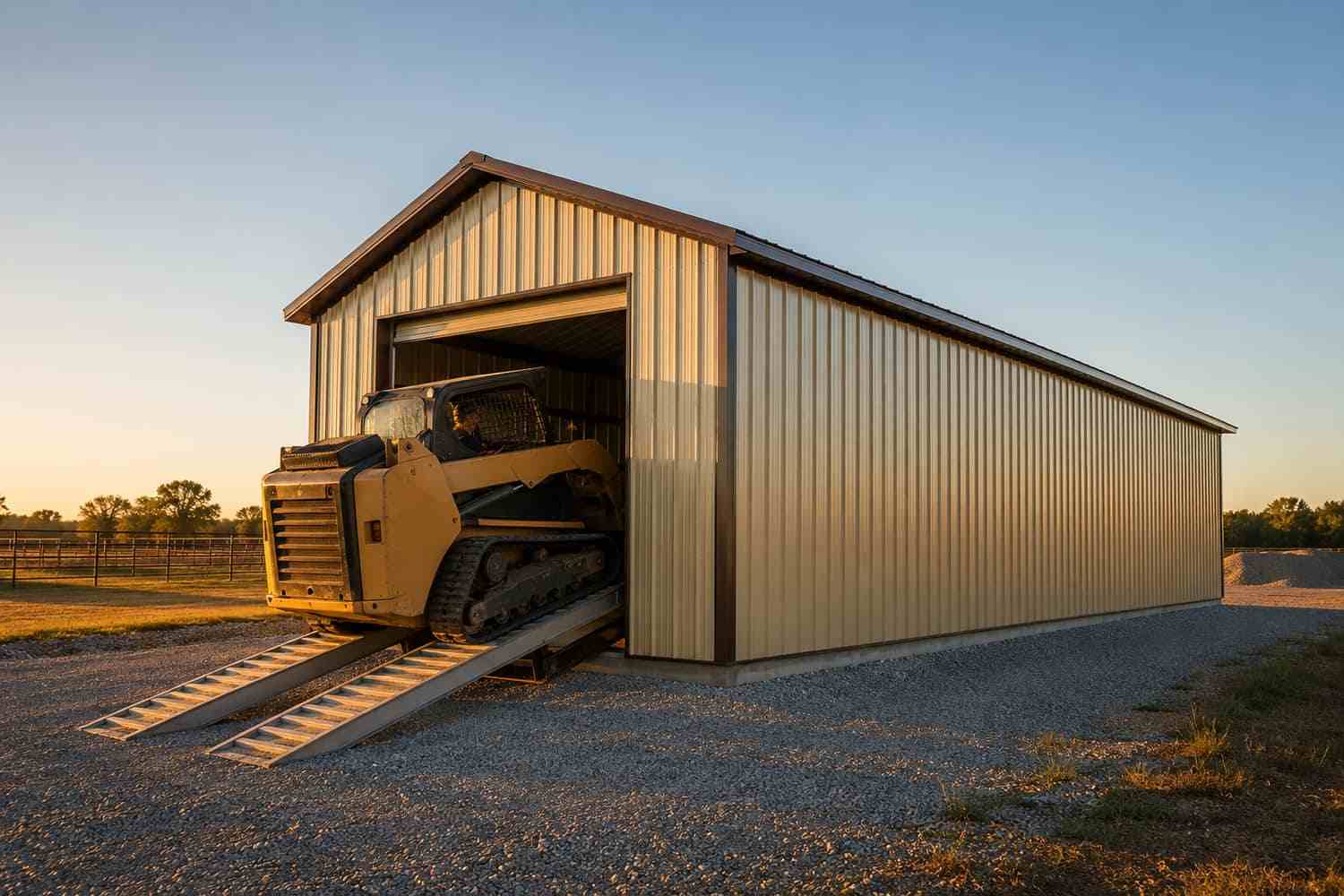 Charcoal metal shed with open front run-in shelter design on a fenced autumn pasture