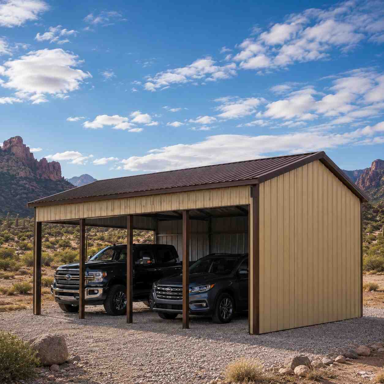 Tan metal carport with brown roof sheltering two vehicles against desert mountains