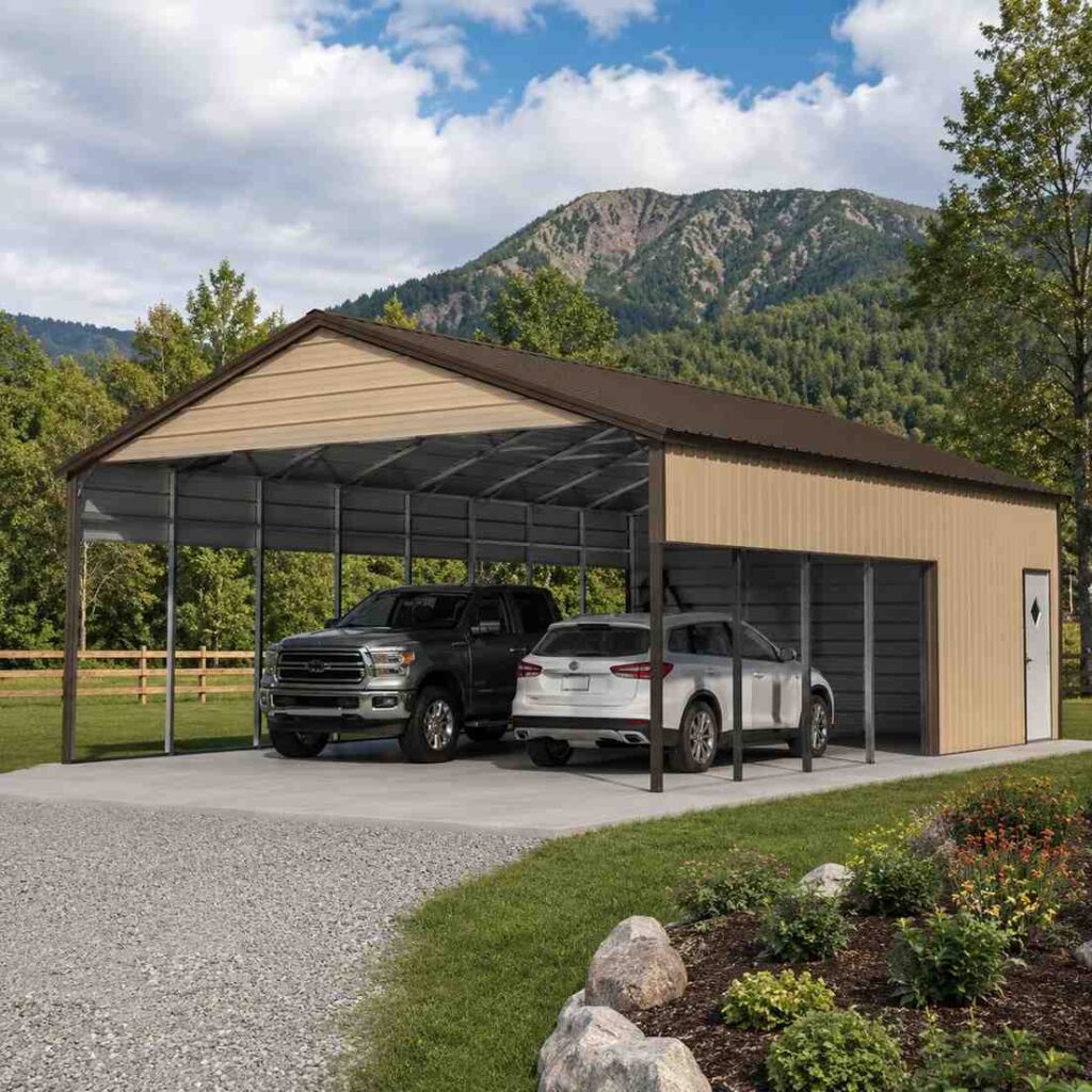 Tan metal carport with vertical roof sheltering a truck and SUV near forested mountains