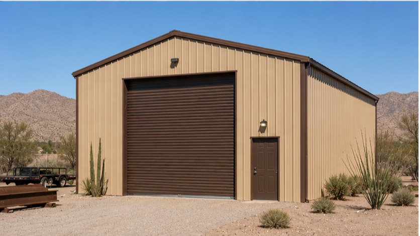 Tan metal garage with brown roll up door and walk door in desert mountain landscape