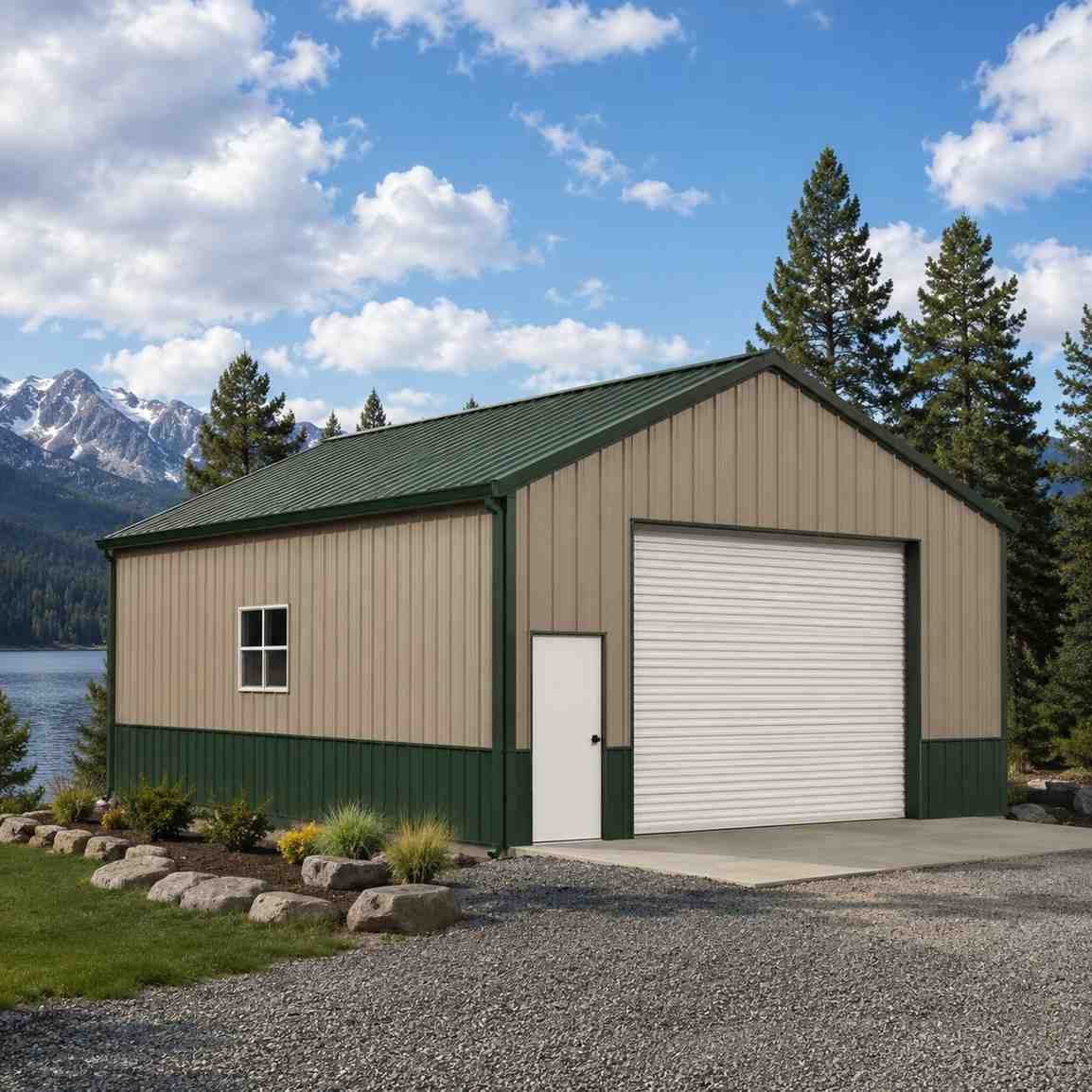 Tan metal garage with green roof and white roll-up door near a lake and snowy peaks