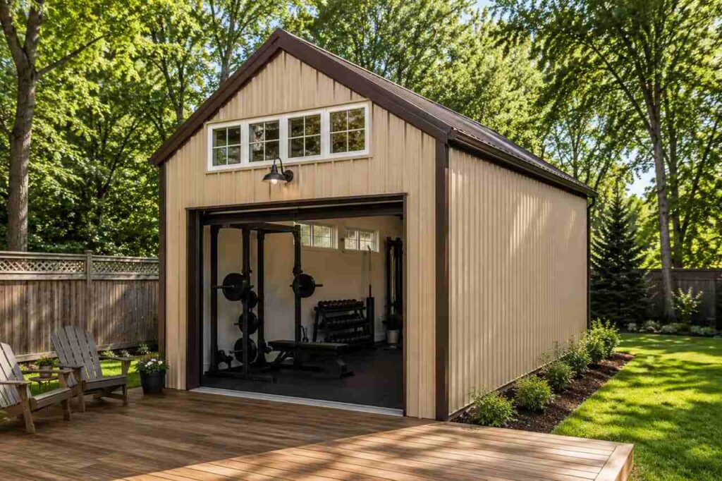 Tan metal shed gym with open door, brown trim, and transom windows beside a wood deck