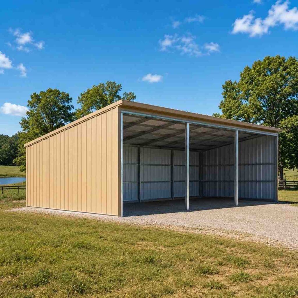 Tan metal shed with single-slope roof and open bays serving as a steel structure field shelter