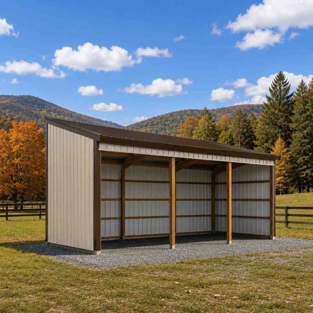 Tan metal shed with open front loafing shelter design on an autumn pasture with board fencing
