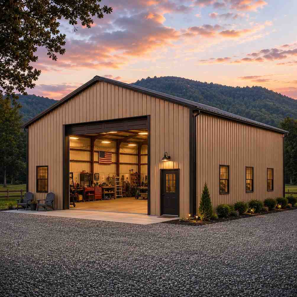 Tan metal workshop with large open bay showing workbenches, tool chests, and an American flag