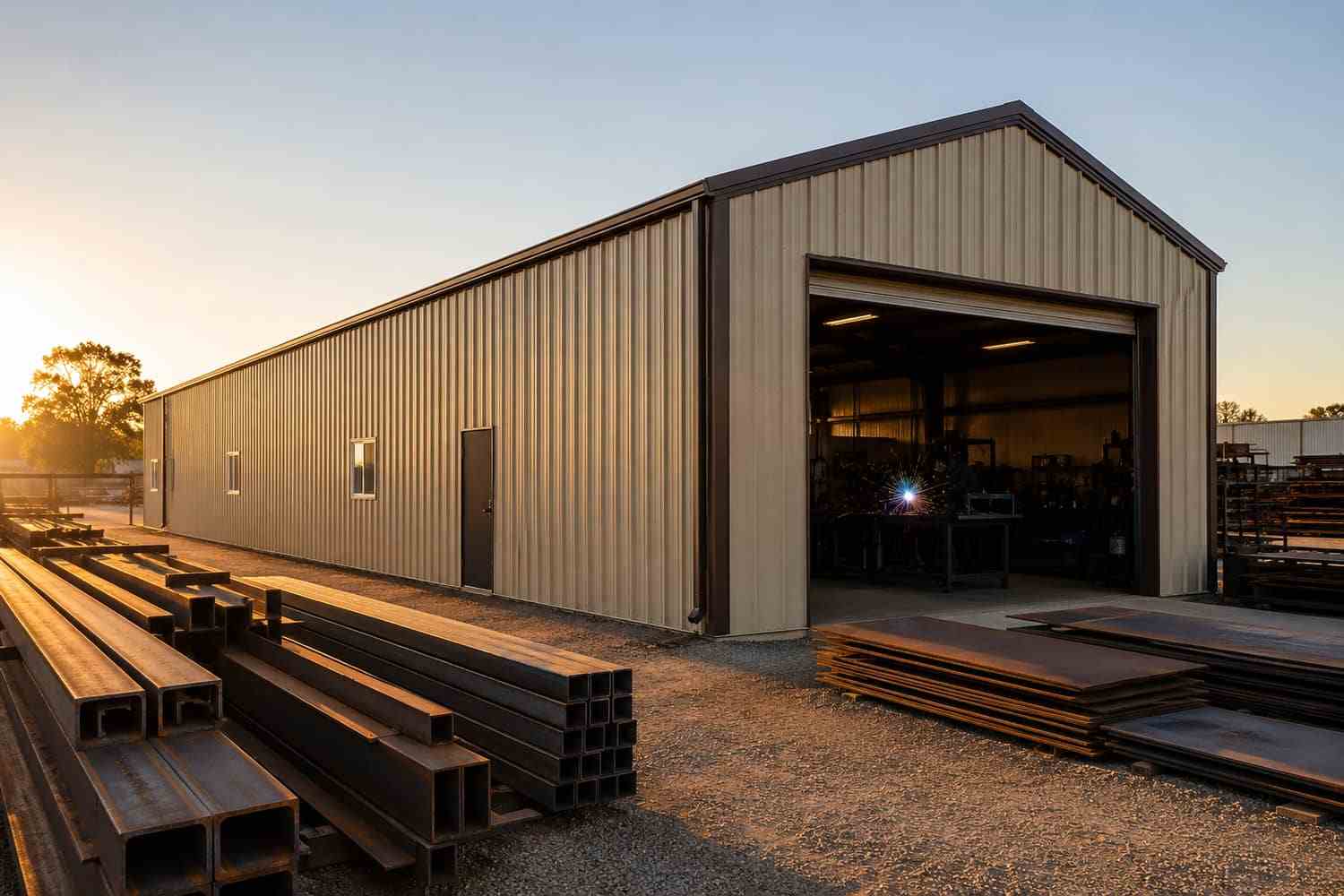Tan steel building fabrication shop at sunset with welding glow inside and steel tubing stacked outside