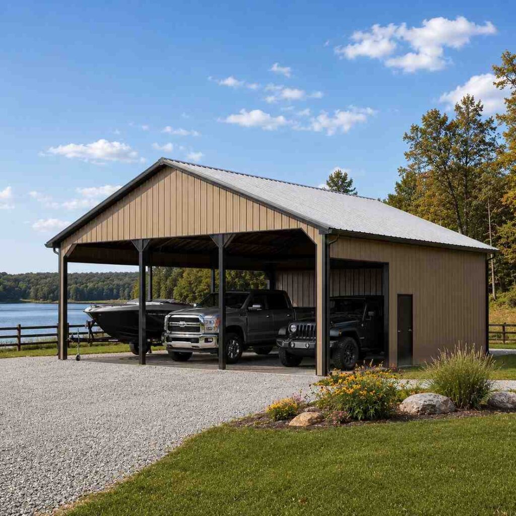 Tan steel carport sheltering a boat, pickup and Jeep beside a lakefront fence line