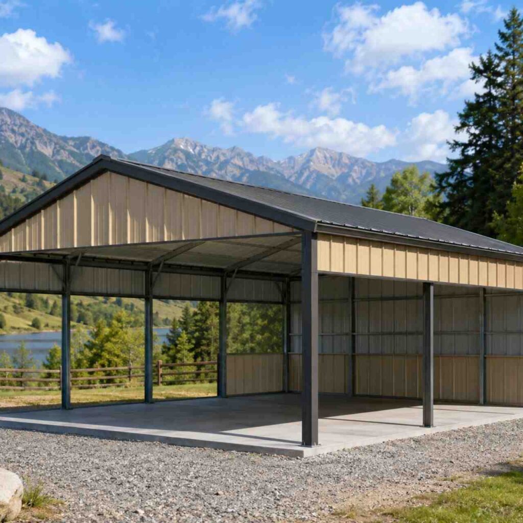 Tan steel carport with open gable design on a concrete pad overlooking lake and mountains