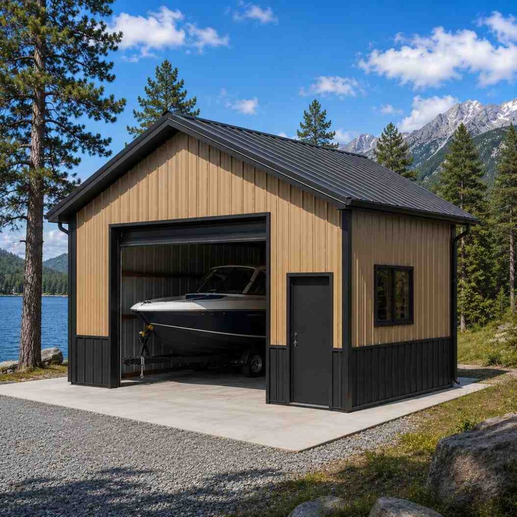Tan steel garage with open roll-up door storing a boat beside a mountain lake