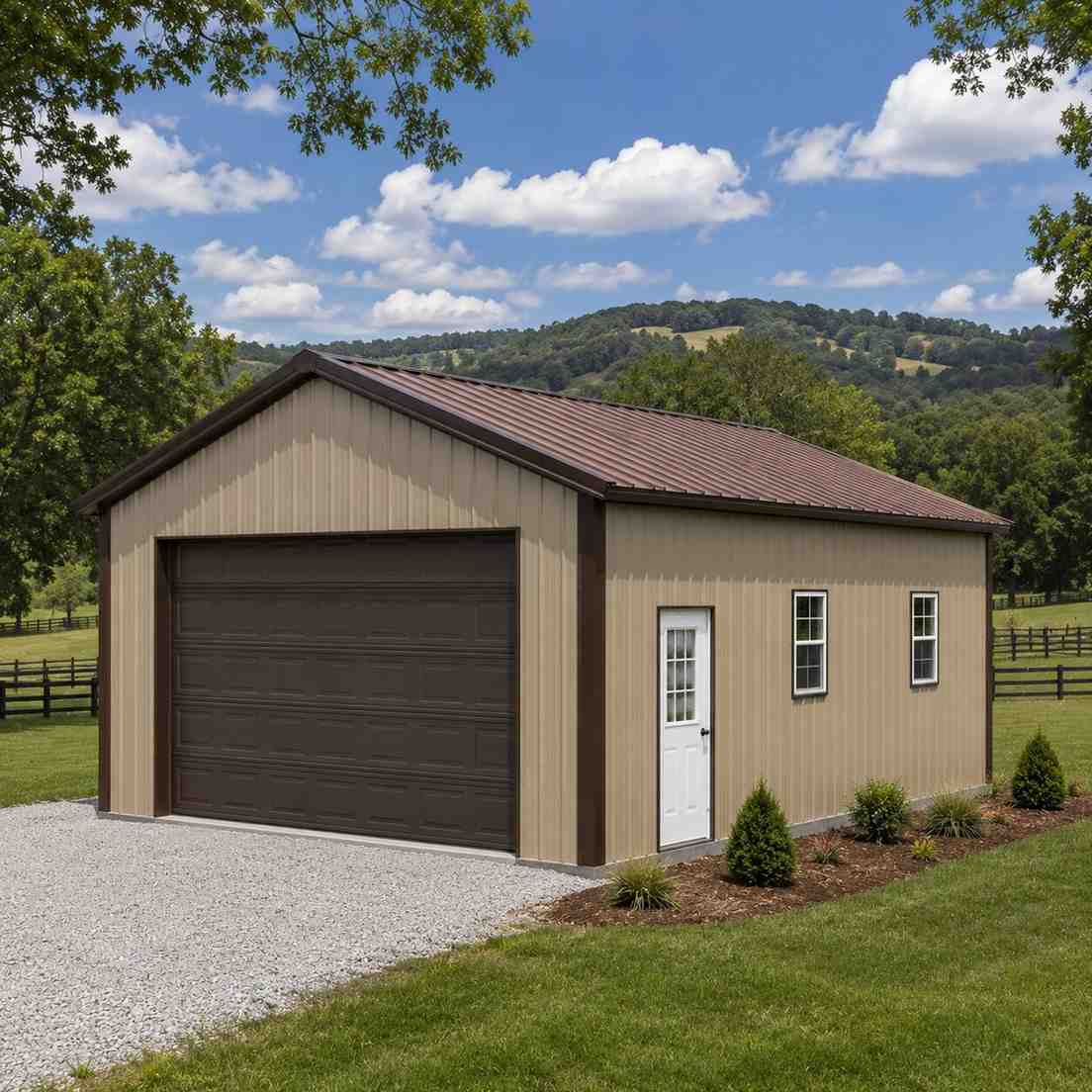 Tan steel garage with brown roof and double sectional door in rolling countryside