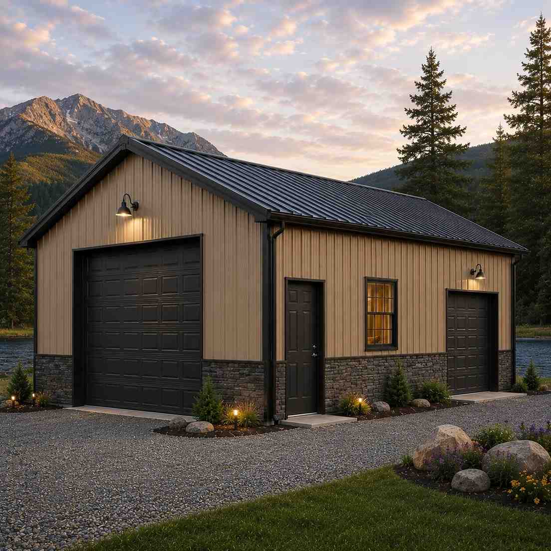 Tan steel garage with two black doors and stone wainscot beneath mountain pines