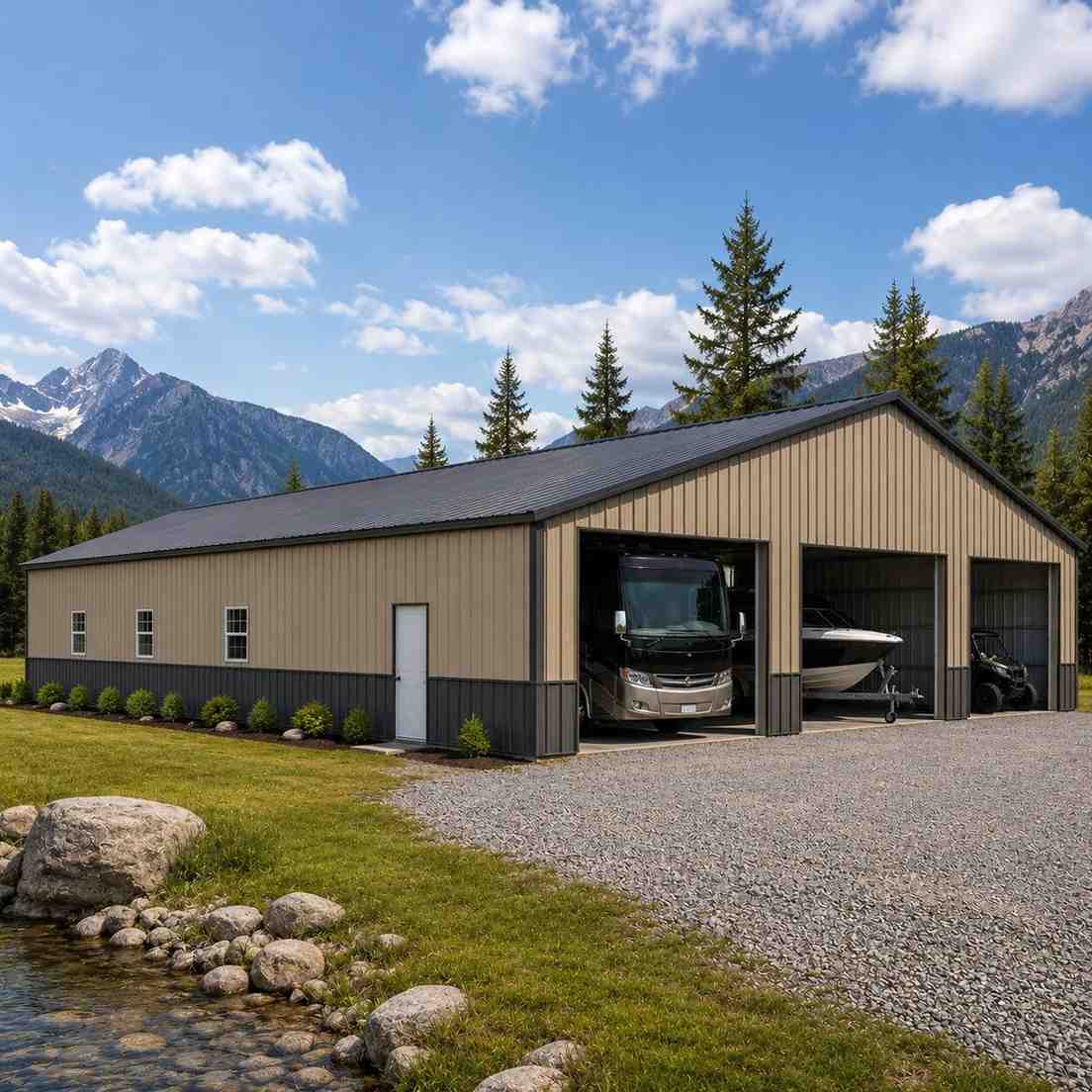 Tan three bay metal garage storing an RV, boat and UTV near a mountain creek