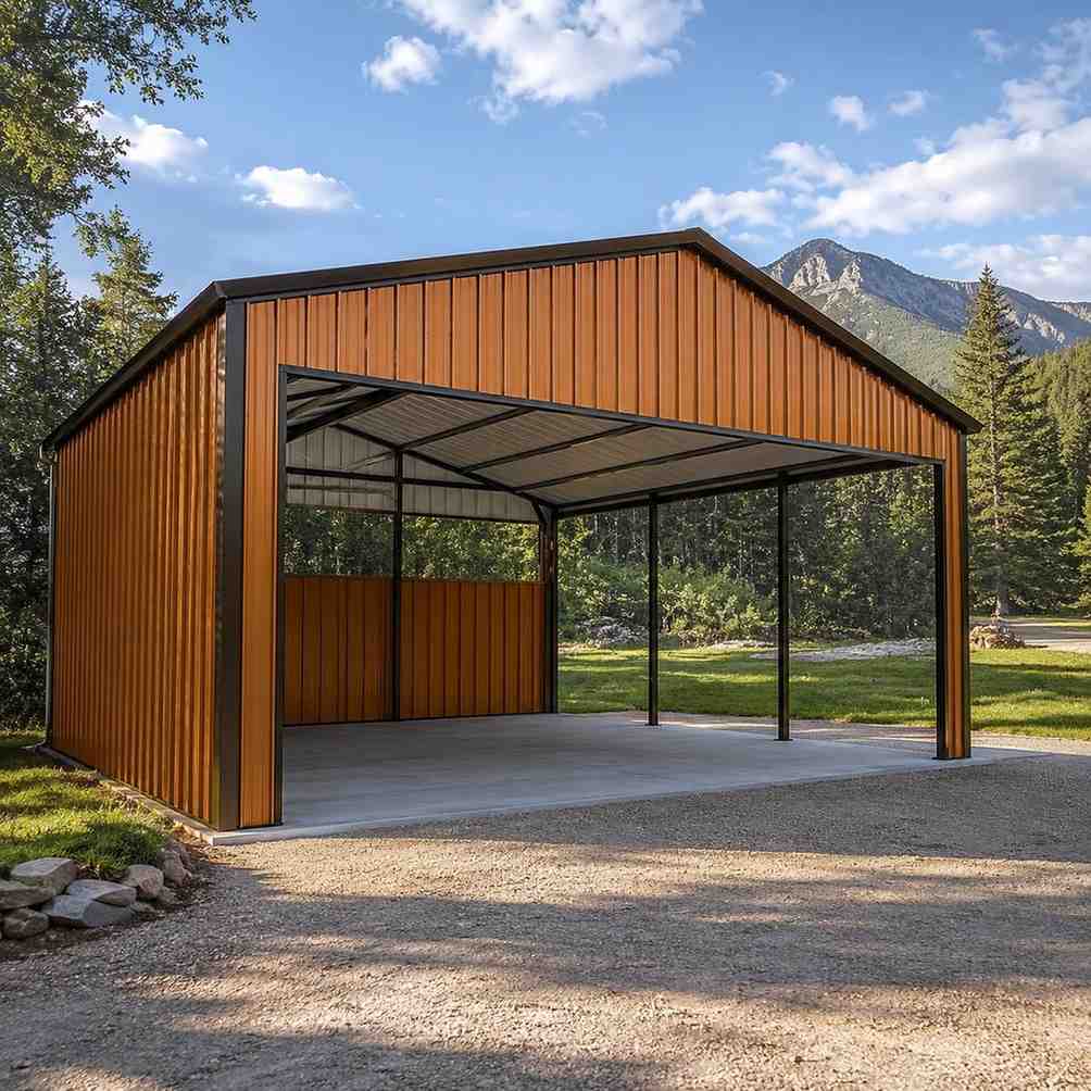 Timber look steel carport with open sides and concrete pad in a mountain forest clearing