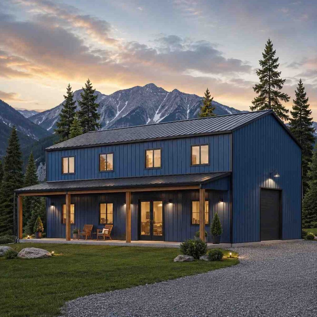 Two-story blue metal building home with covered porch and lit windows at mountain dusk