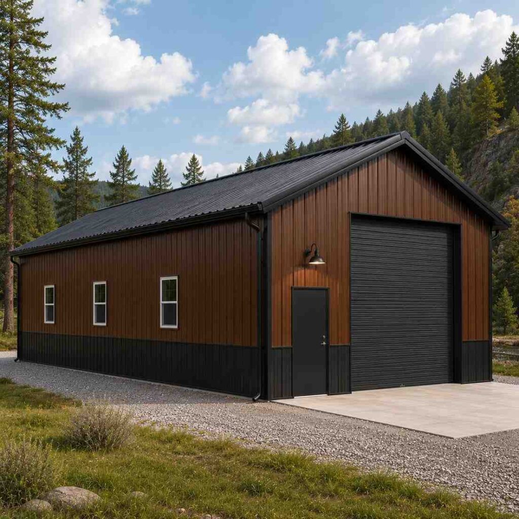 Walnut brown steel garage with black roll-up door below evergreen cliffs and forest