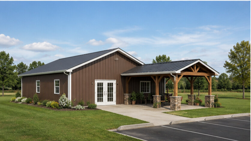 Oak brown steel building with lean-to covered porch and white trimmed french door entry