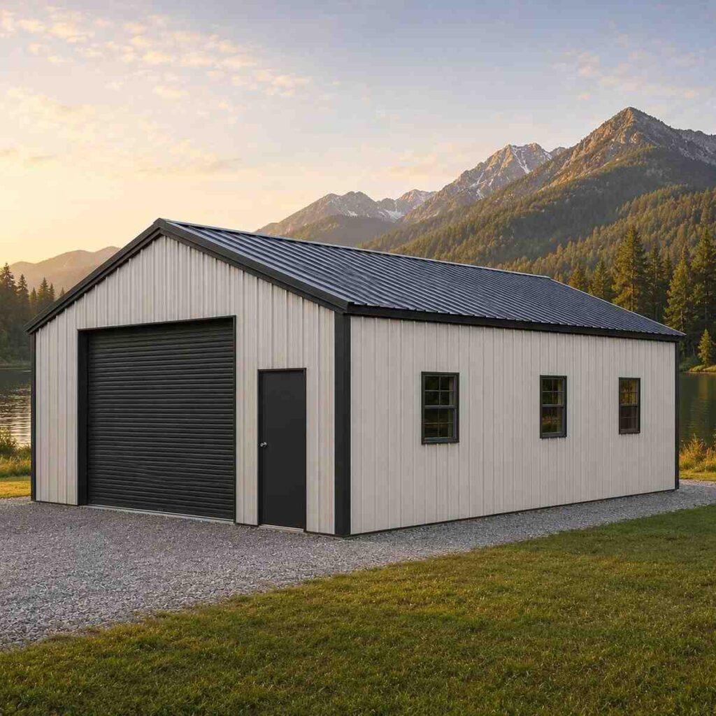 White commercial metal building with black roll-up door and windows by a mountain lake
