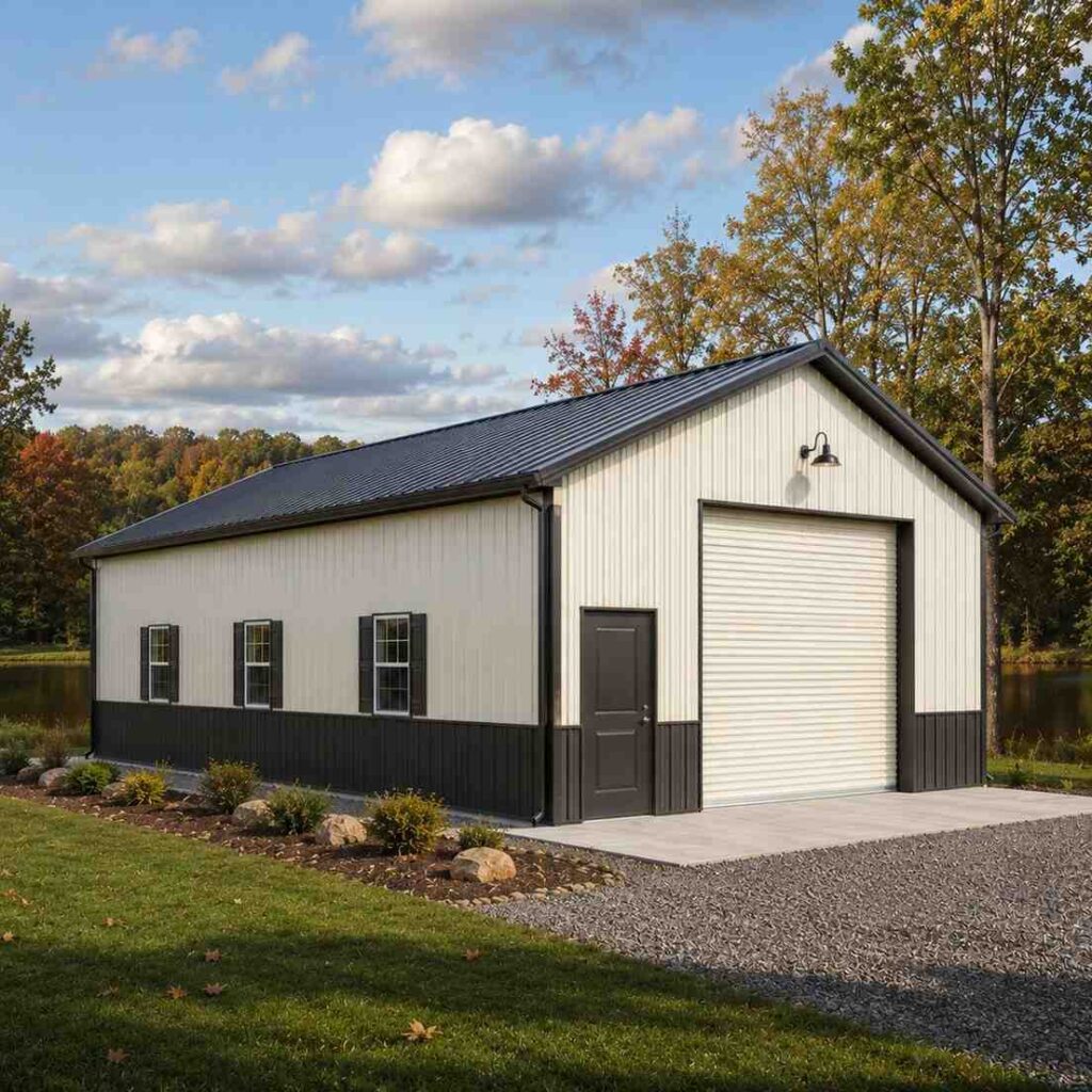 White commercial metal building with shuttered windows and roll-up door among autumn trees