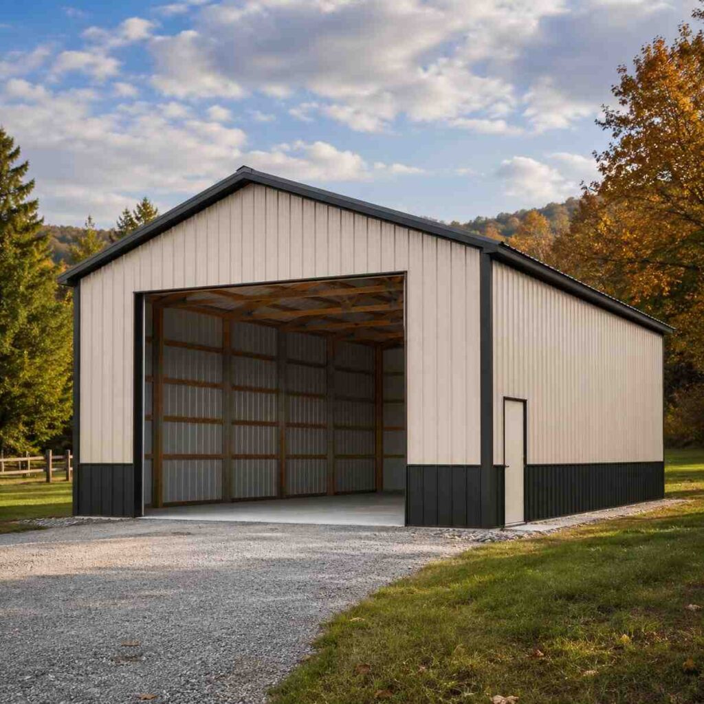 White metal building with black trim and open bay revealing interior framing among autumn trees