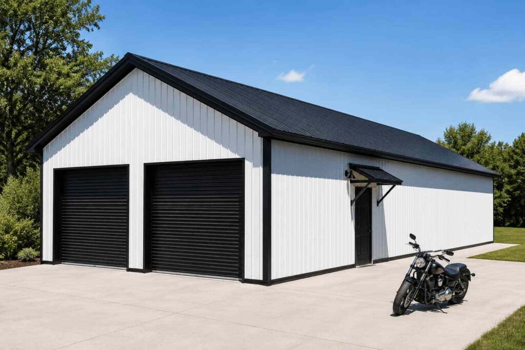 White metal building kit with black trim, two black roll-up doors, and a motorcycle outside