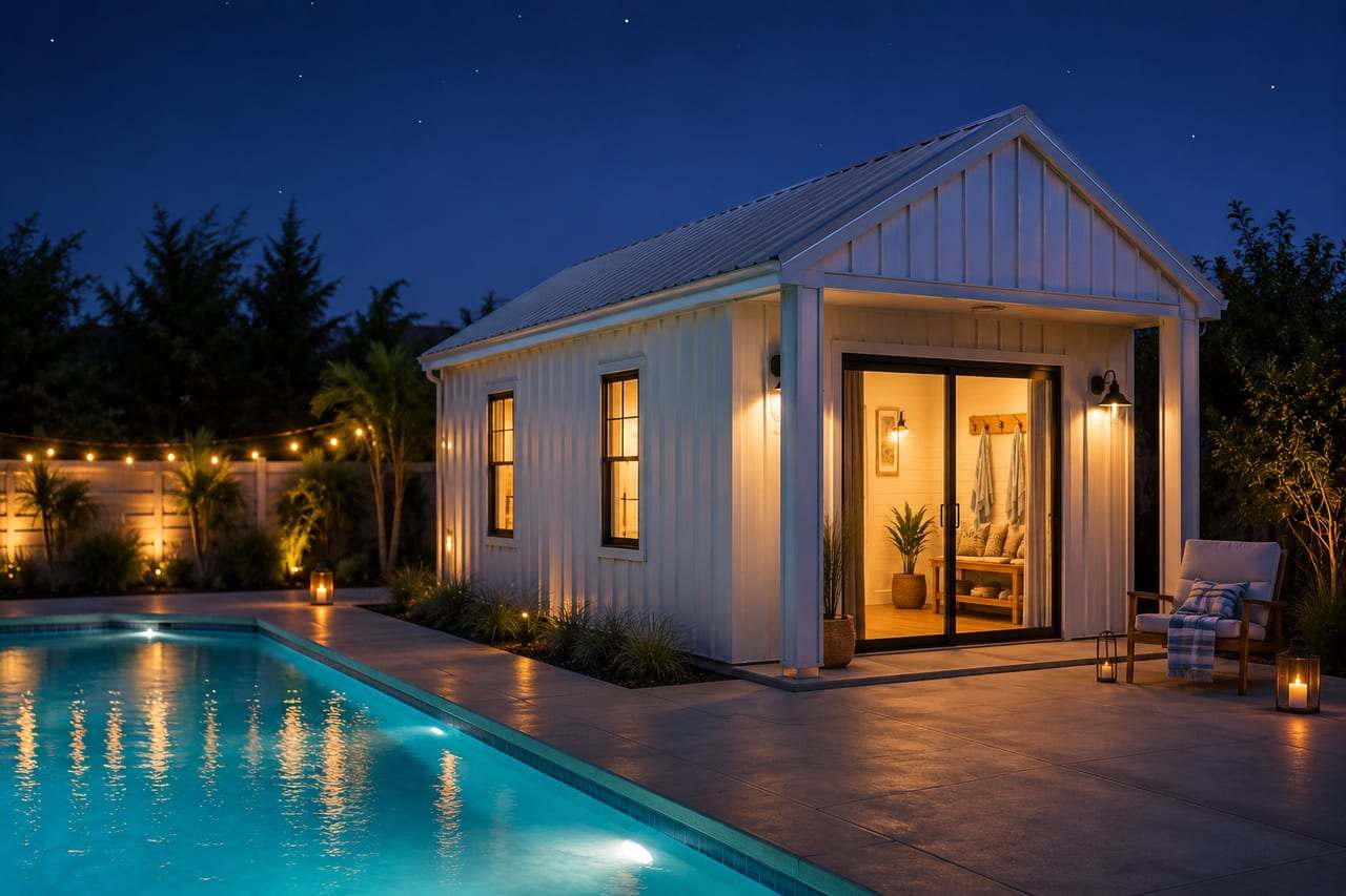 Navy blue prefab metal building gym beside a backyard pool at dusk with warm lighting