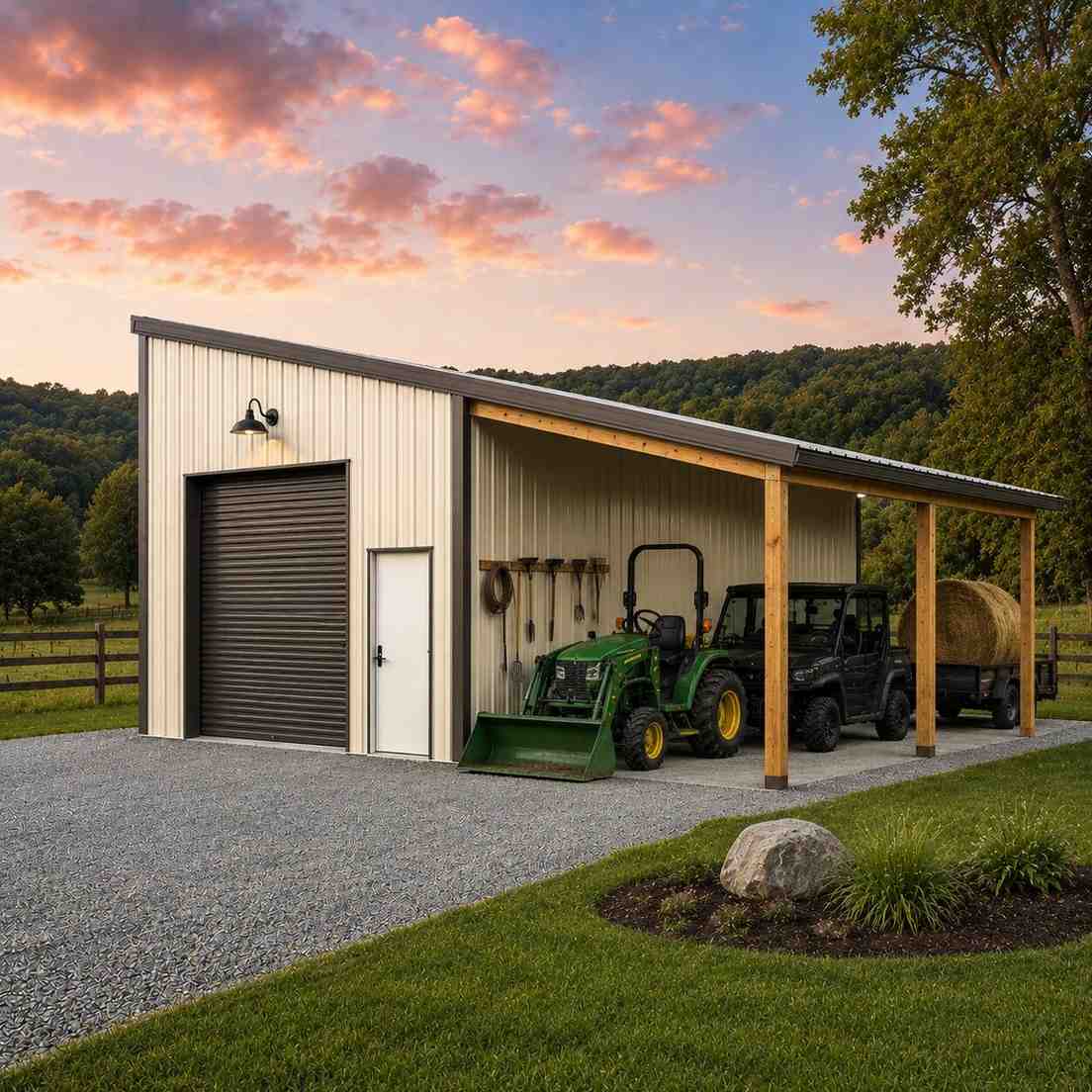 White metal building with lean-to shelter housing a tractor, UTV and hay bale at dusk