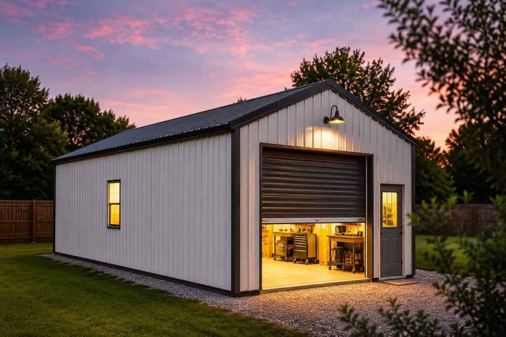 White metal building workshop at dusk with open roll-up bay and lit interior workbenches