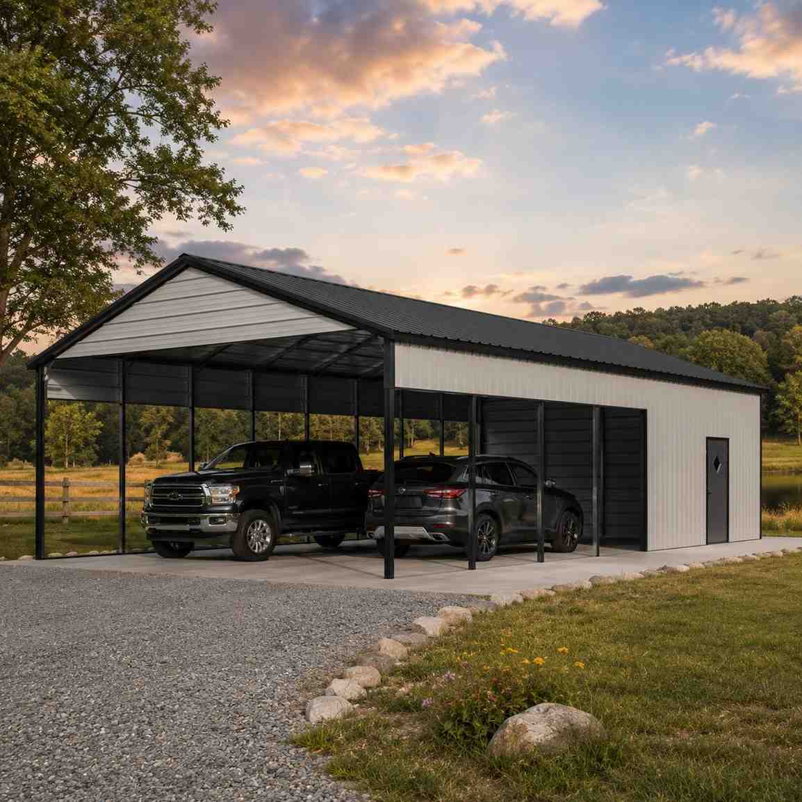 White metal carport with black frame, open bays, and enclosed storage end at dusk