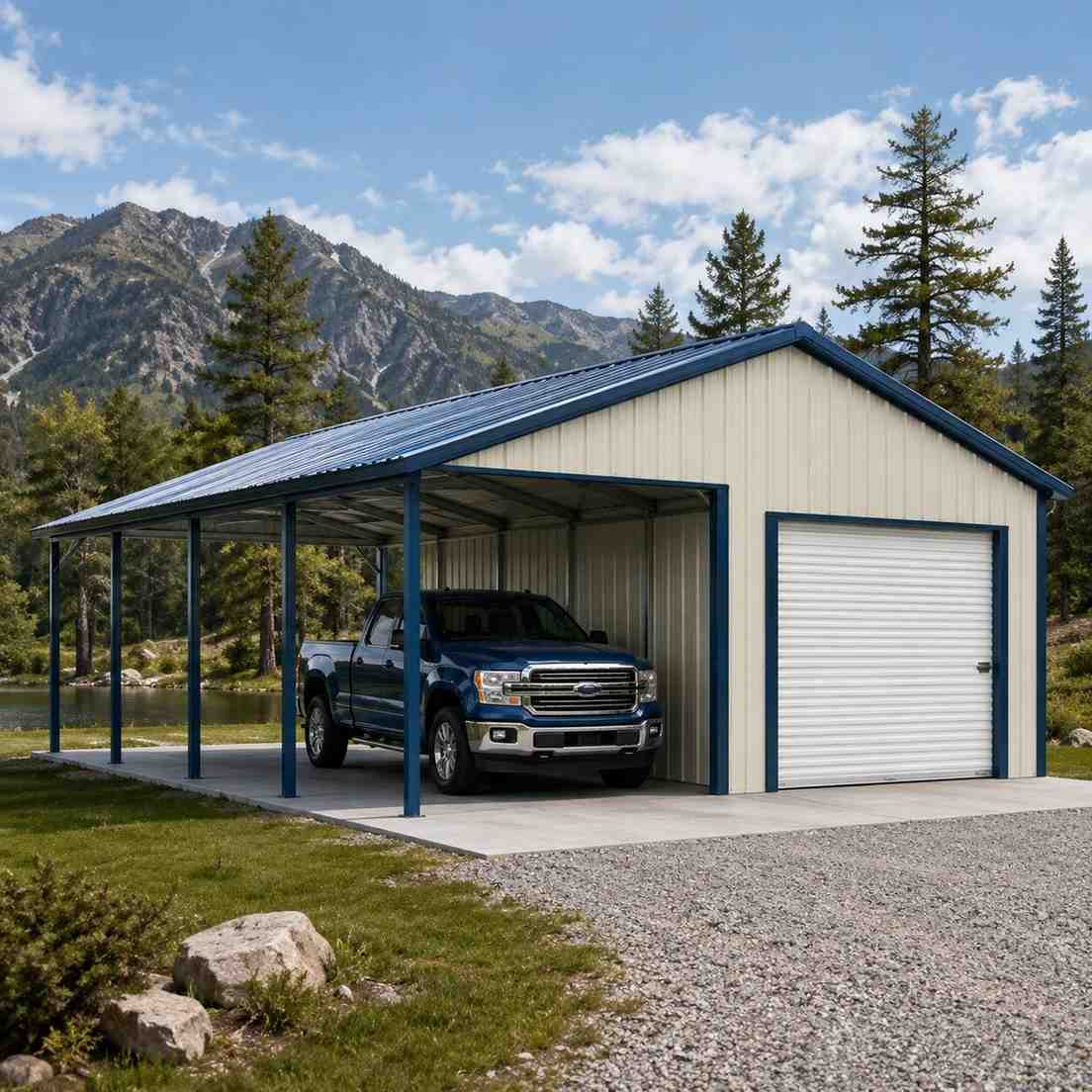 White metal carport with blue roof and attached garage sheltering a pickup by mountains