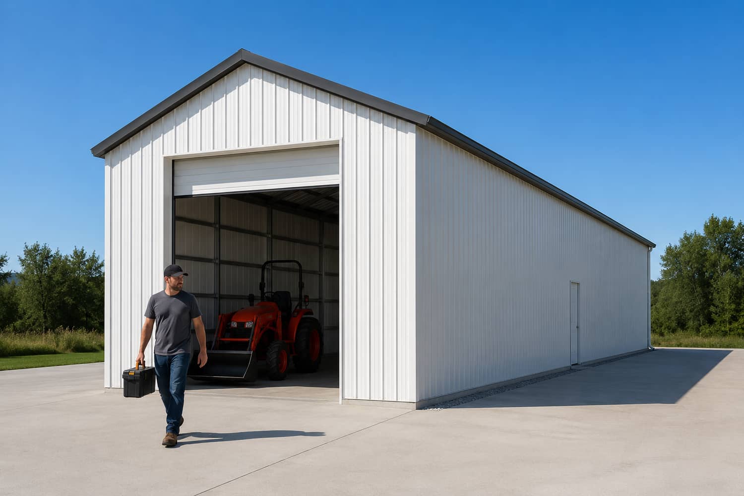 White metal garage with open bay door storing an orange compact tractor, owner walking out front