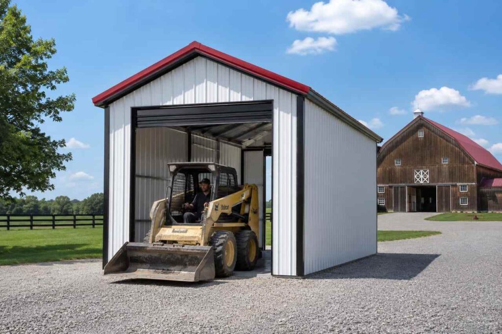 White prefab metal building with red roof as a skid steer exits the open bay