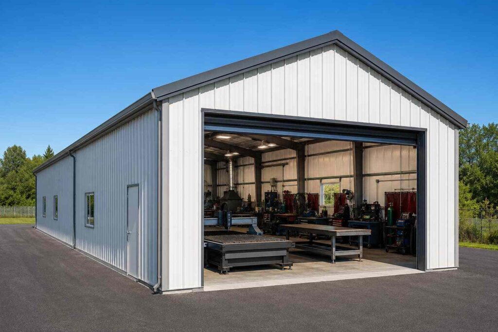 White prefab metal building with wide open bay door revealing a welding and plasma shop