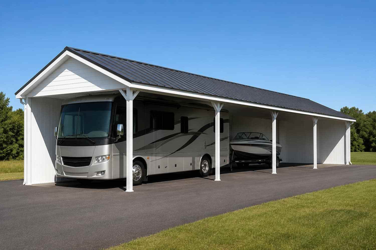 White steel carport with black roof covering a Class A motorhome and a trailered boat