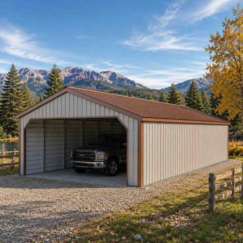 White steel carport with rust colored roof sheltering a pickup beside an autumn fence line