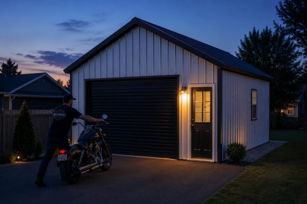 White steel garage at dusk with black roll-up door as a rider walks his Harley