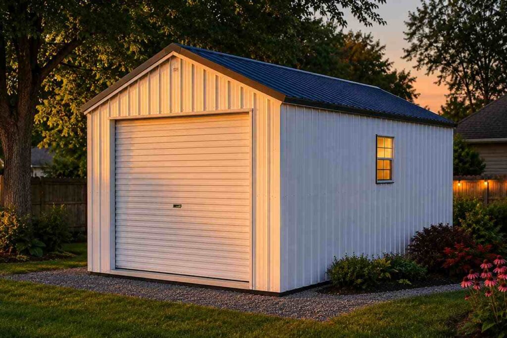 White steel garage storage shed at evening with roll-up door and warm lit window