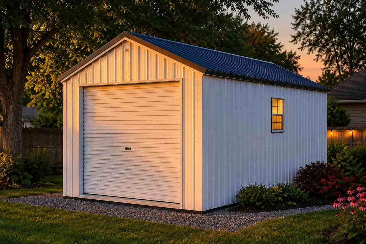 14x24 barn-red storage shed with roll-up door open showing organized storage inside