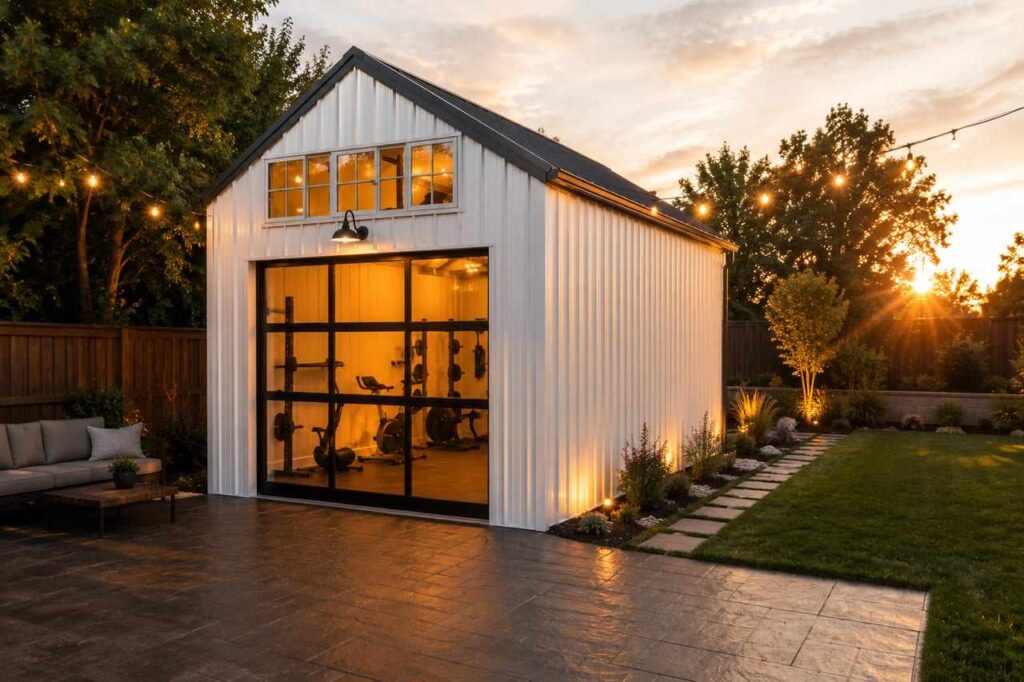 White steel structure backyard gym glowing at sunset with string lights and glass garage door