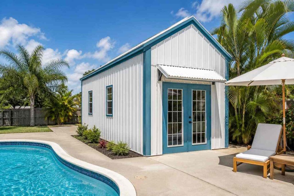 White steel structure pool cabana with teal trim and french doors among tropical palms